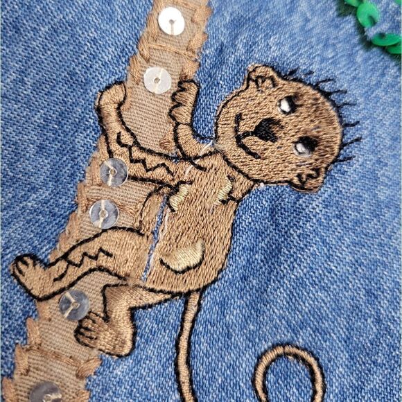 VINTAGE 90s shirt monkey palm tree embellished blue denim top L - Picture 6 of 10